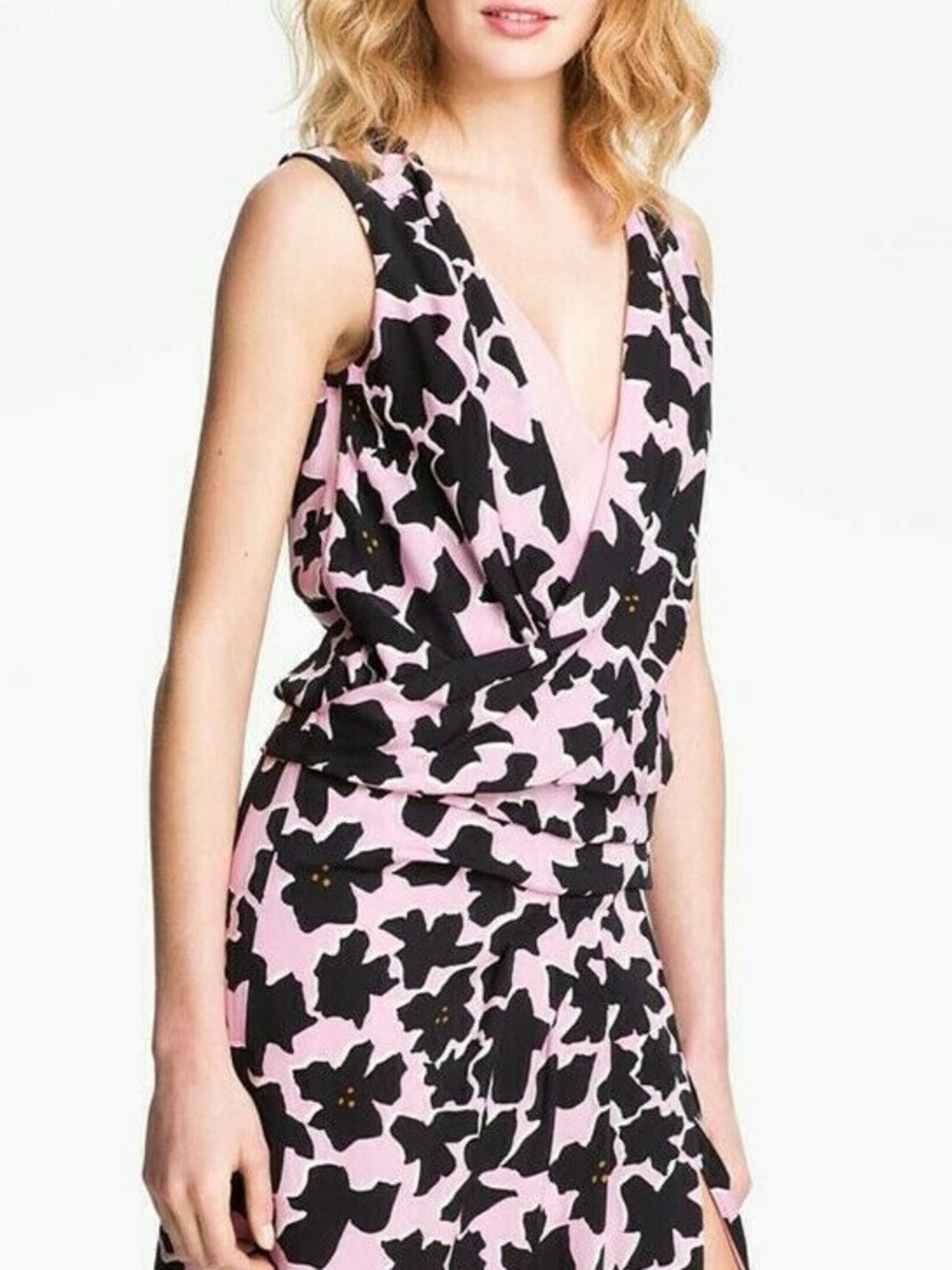 Diane Von Furstenberg Daran dove Pink & Black wrap stretch Dress size 6 silk